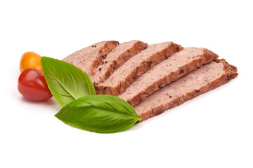 Traditional American meatloaf, isolated on white background