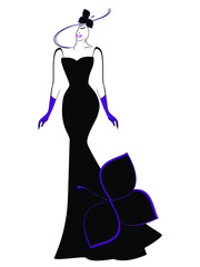 A woman in a long dress and hat.