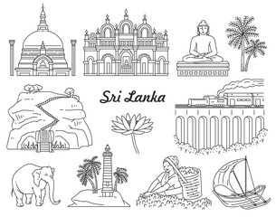 Sri Lanka landmarks icons set in black line sketch vector illustration isolated.