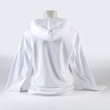 photo of a white jacket using a mannequin, or a white hoodie, front and back views, looks solid, used for mockups or design templates.