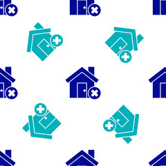 Blue House with wrong mark icon isolated seamless pattern on white background. Home and close, delete, remove symbol. Vector Illustration.