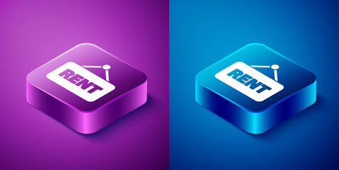 Isometric Hanging sign with text Rent icon isolated on blue and purple background. Signboard with text For Rent. Square button. Vector Illustration.
