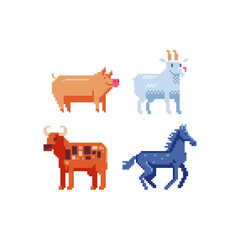 Animals characters pixel art icons set, pig, goat, bull, horse. Design element of children's book, application, logo, sticker. Game assets 8-bit sprite. Isolated vector illustration.