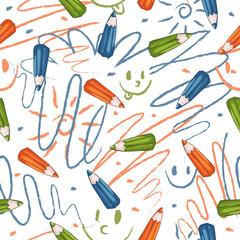 Seamless vector pattern with colored pencils and children's hand drawings. School sketch. Funny cute childish primitive background.