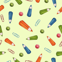 Seamless vector school pattern with colored pencils and pushpins on a gentle yellow background.