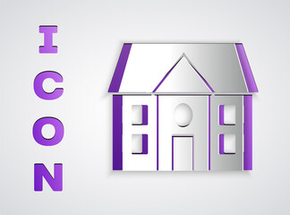 Paper cut House icon isolated on grey background. Home symbol. Paper art style. Vector Illustration.
