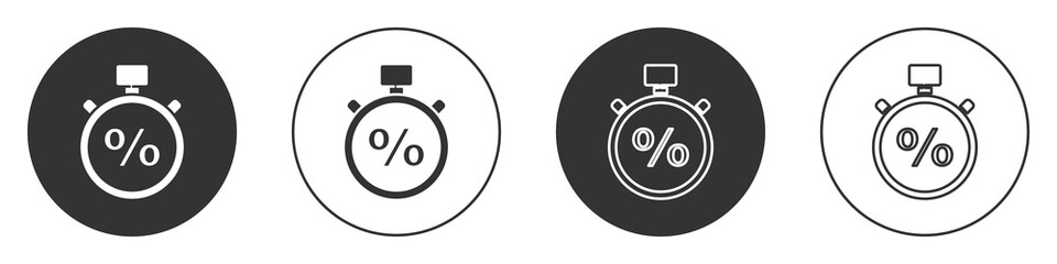 Black Stopwatch and percent icon isolated on white background. Time timer sign. Circle button. Vector Illustration.