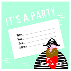Invitational to a pirate party. Birthday. Cartoon funny pirate.