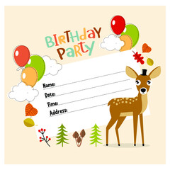 Vector invitation for a birthday party. Happy birthday. Little  cartoon deer. fawn
