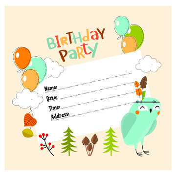 Vector invitation for a party. Birthday. Happy owl. wood party

