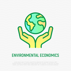 Save planet. Hands holding planet Earth. Environmental economics, social responsibility for nature. Thin line icon. Vector illustration.