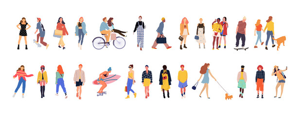Crowd of people performing outdoor activities - walking dogs, riding bicycle, skateboarding. Group of male and female flat cartoon characters isolated on white background. Vector illustration.