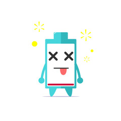 Cute battery life character get dizzy cause of empty power isolated on white background. Battery life character emoticon illustration