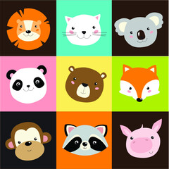 Vector background with cartoon animals. Animal face: cartoon lion, fox, panda, koala, bear, pig, raccoon, fox, monkey, cat. Pattern for kids
