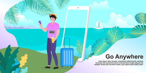 man with tablet computer on the beach