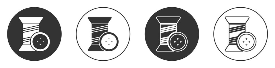 Black Sewing thread on spool and button icon isolated on white background. Yarn spool. Thread bobbin. Circle button. Vector Illustration.