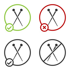 Black Knitting needles icon isolated on white background. Label for hand made, knitting or tailor shop. Circle button. Vector Illustration.