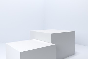 3d render, two white podiums, platforms for products. Cube pillar stand scene, winner pedestal in studio on white background.