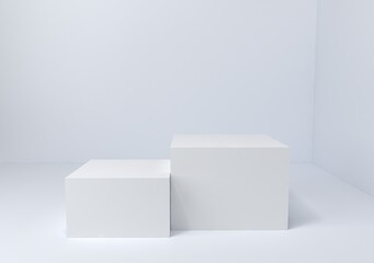 3d render, two white podiums, platforms for products. Cube pillar stand scene, winner pedestal in studio on white background.