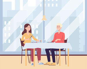 Couple characters on vacations visiting restaurant, flat vector illustration.
