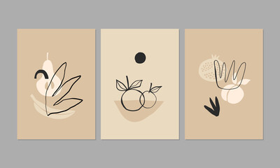 Set of 3 modern aesthetic posters with hand drawn fruits and abstract design elements. Universal vector illustrations  for home decor, invitation, greeting card design.