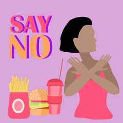 healthy lifestyle. Say no to junk food. An African-American girl refuses to eat in fast food. Banner.  a woman who limits herself. Vector illustration in flat style. Diet and healthy lifestyle.