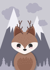 Deer cartoon illustration design.Cute bambi animal. Merry christmas card