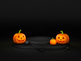 Halloween pumpkin and human skull with podium display stand on dark background 3d rendering. 3d illustration pumpkin for celebration luxury Halloween event template minimal style concept.