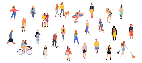 Fototapeta na wymiar Crowd of people performing outdoor activities - walking dogs, riding bicycle, skateboarding. Group of male and female flat cartoon characters isolated on white background. Vector illustration.