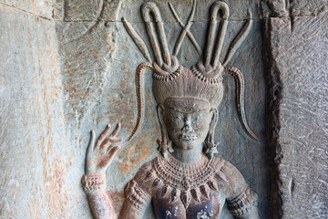 Apsara sculptures in bas-relief on the wall, in Angkor Wat, Siem Reap, Cambodia