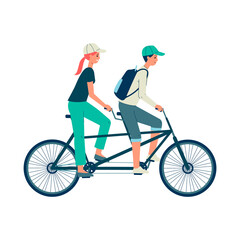 People cartoon characters on tandem bicycle flat vector illustration isolated.