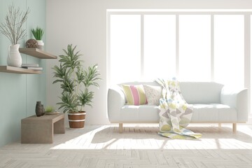 White stylish minimalist room with sofa. Scandinavian interior design. 3D illustration
