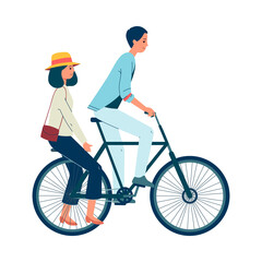 Naklejka premium Couple of young people riding bicycle flat cartoon vector illustration isolated.