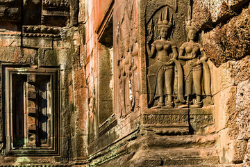Apsara sculptures in bas-relief on the wall, in Angkor Wat, Siem Reap, Cambodia