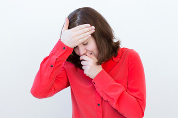 girl in a red shirt, symptoms of illness, coughs. Izodization