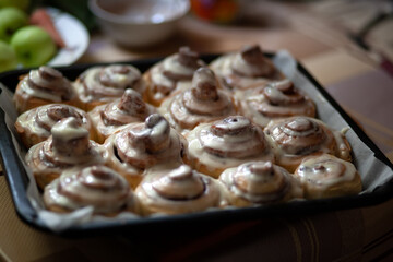 Selective focus. Fresh Cinnamon Rolls Sweet and Tasty Cinnabons Baked