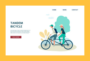 Tandem bicycle riding banner with couple on bike, flat vector illustration.