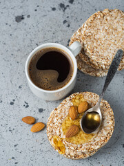 healthy and delicious Breakfast. freshly brewed coffee and rice cakes with maple syrup