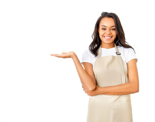 Smiling young african woman in apron