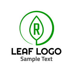 "R" leaf logo symbol icon sign. A leaf logo, green, simple minimalist style, with a green "R" letter and some sample text.