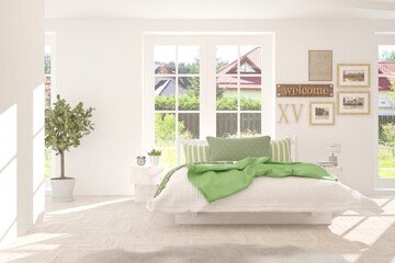 White stylish minimalist bedroom with summer landscape in window. Scandinavian interior design. 3D illustration