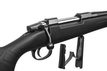 Modern bolt carbine isolated on white background. Hunting rifle with sliding bolt