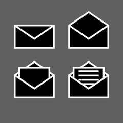 Letter envelope symbols icons signs logos simple black and white colored set. A set of icons of the envelope with the letter inside, minimalist, black and white (mostly black).