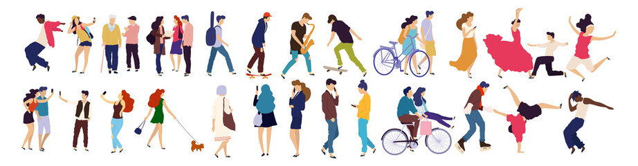Crowd of young people. Characters big set.  Flat colorful vector illustration. Dancing, reading walking people - Vector 