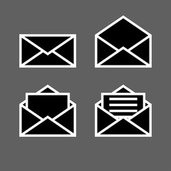 Letter envelope symbols icons signs logos simple black and white colored set 2. A set of icons of the envelope with the letter inside, minimalist, black and white (mostly black).
