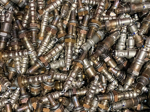 Waste lambda sensors ready to be recycled, landscape view 