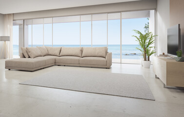 Rug on travertine floor of large living room and sofa near TV in modern beach house or luxury pool villa. White home interior 3d rendering with sea view.