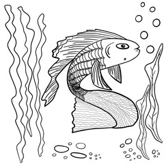 hand-drawn black and white fish in the ocean across seaweed and air bubbles. Coloring book illustration. Kids coloring book. Animals. 