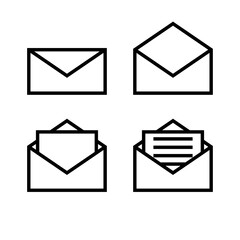 Letter envelope symbols icons signs logos simple black and white colored set. A set of icons of the envelope with the letter inside, minimalist, black and white (mostly white).