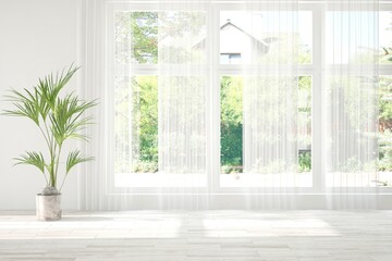 Obraz na płótnie Canvas White stylish empty room with summer landscape in window. Scandinavian interior design. 3D illustration